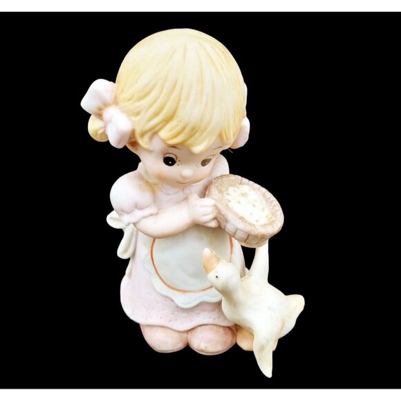 Homco Farm Girl Feeding Duck Porcelain Blond Kid Pink Dress Vintage Figure 4" - Picture 3 of 15